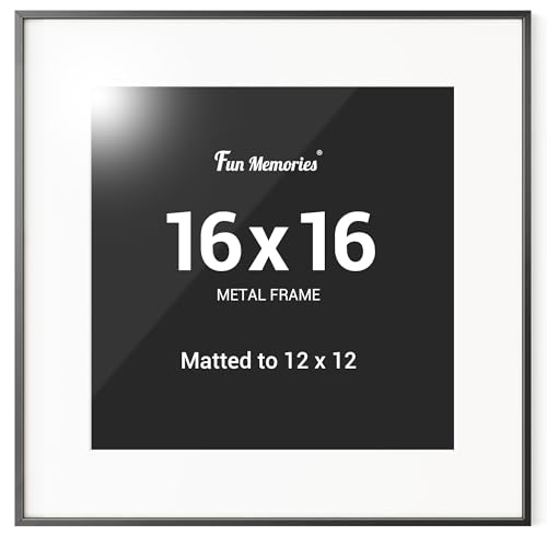 Fun Memories 16x16 Aluminum Picture Frame with 12x12 Mat, Black 16x16 Photo Frames with 12x12 Removable Mat with Plexiglass, Vertical and Horizontal Display, Hanging Wall Display Frames, Set of 1