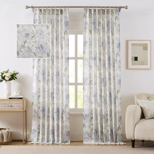 "Kayne Studio Pinch Pleated Light Filtering Curtains Floral Semi Sheer Drapes for Living Room Bedroom 95 Inches Long Blue Flower Printed Botanical Pattern Back Tab Window Treatment Set,40""x95"",2 Panels"