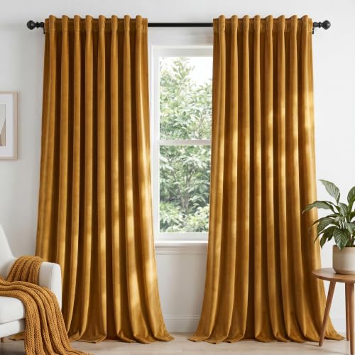 Dchola Mustard Yellow Velvet Curtains for Bedroom Window with Back Tab, Super Soft Vintage Luxury Heavy Drapes, Room Darkening Thermal Insulated Curtain for Living Room, W52 by L90 inches, 2 Panels