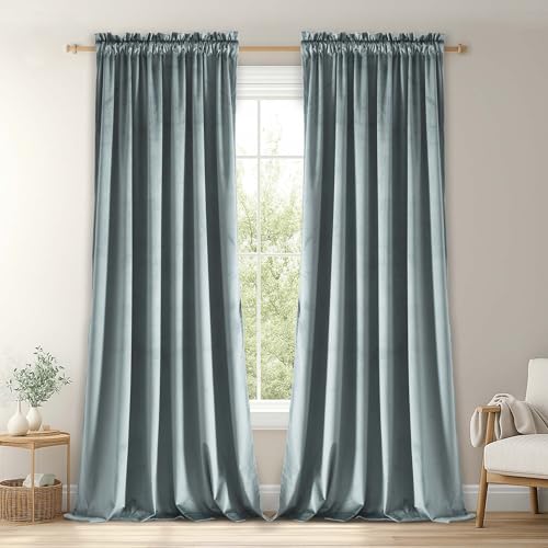 JIUZHEN Retro Velvet Curtains for Living Room - Room Darkening & Noise Reducing Rod Pocket Window Drapes for Bedroom, Set of 2 Window Curtain Panels with Tiebacks, 70Wx 96L inches, Stone Blue