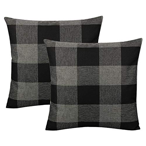 VAKADO Retro Farmhouse Buffalo Plaid Decorative Throw Pillow Covers Rustic Check Cushion Cases Home Decor for Couch Bed Sofa 18x18 Set of 2, Black and Grey/Gray