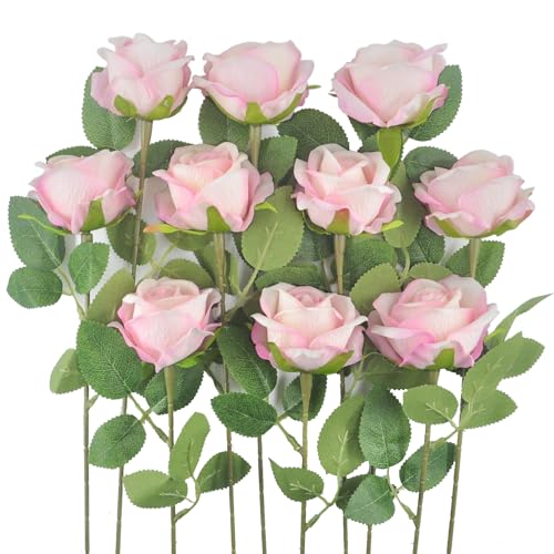 Kenpal 10pack Realistic Fake Roses Artificial Flowers with Stem for Decoration Floral Arrangement Centerpieces Wedding Bouquets