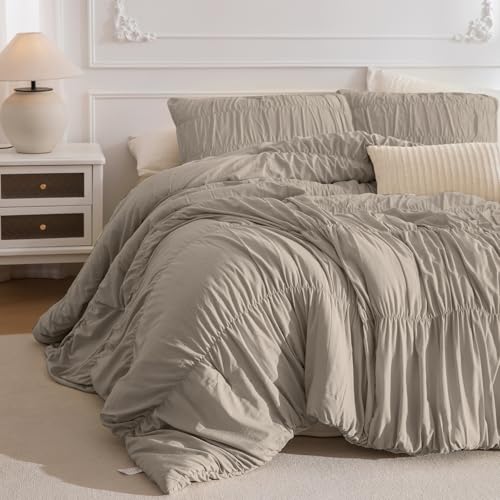 Masaca Oversized King Comforter 128x120,Linen Like Textured Ruched Shabby Boho Chic Bedding Comforter Set,3Pcs Extra Large King Size Ruffle Luxury Fluffy Bedroom Comforter Sets Lightweight