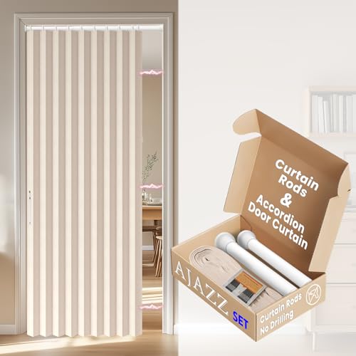 AJAZZ Blackout Door Curtain Pleated Magnetic Doorway Curtain Accordion Door Interior Room Divider Invisible Applicable Bedroom Room Living Room (1 Pack, 44W x 78 L,Biscotti Beige)