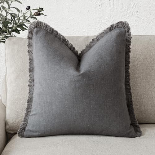 Foindtower Decorative Linen Fringe Throw Pillow Covers Cozy Boho Farmhouse Cushion Cover with Tassels Soft Accent Pillowcase for Chair Sofa Bed Living Room Home Decor, 16??16 Inch, 1PC, Gray