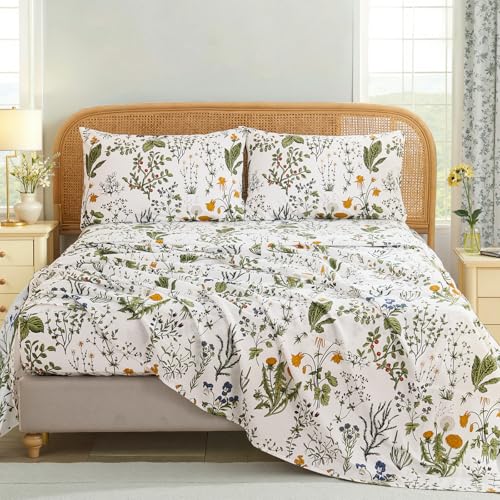 "Cozaline 100% Cotton Sheet Set King Size ??? 4-Piece Vintage Green Floral Bedding Set, Soft Breathable Percale Weave, Deep Pocket Fitted Sheet 17.5"", Crisp Cool Feel, Refined Botanical Elegance"