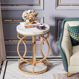 LITTLE TREE Round End Table, 20 Inches Small End Table, Modern Side Table with Gold Frame, Beside Table for Living Room, Bedroom, White & Gold