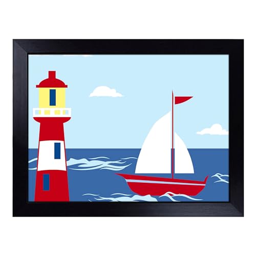 Lap Tray with Bean Bag Cushion, Childrens Lighthouse And Sailboat Art - Handmade in the UK, Raised Wooden Edge, Padded Cushion, Heat-Resistant Wipe-Clean Surface, for Meals, Laptops and Crafts