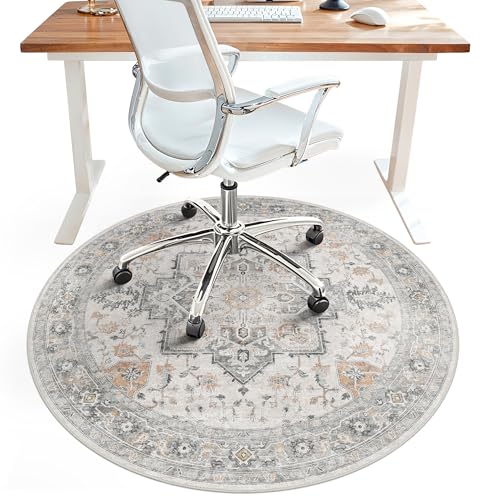 "Office Chair Mat for Hardwood Tile Floor, Under Desk Carpet Protector for Rolling Computer Chair Mat, Round Washable Rugs 3ft Circle Area Rug, Anti-Slip 1/5"" Thick Low Pile Thin Floor Mat, Taupe"
