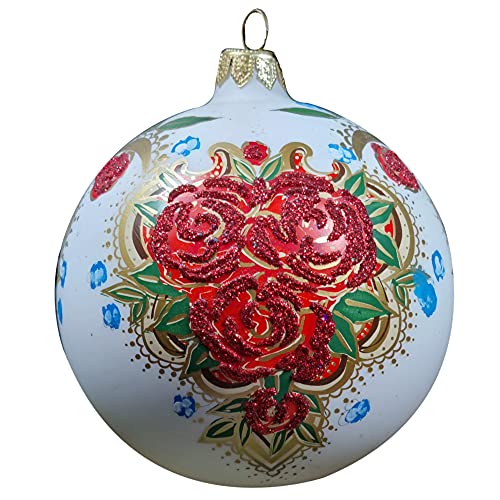 Silverado Christmas Ornament made of glass, 10 cm ball, white with folk flowers motive