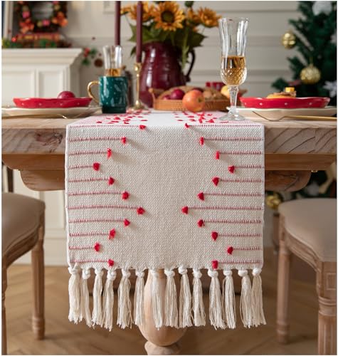 Christmas Table Runner 13x90 Inch Long, Natural Cotton Woven Runner with Tassels for Home Dining Christmas Decorations, Modern Country Style Festive Occasions, Boho Table Runners, Red and Beige