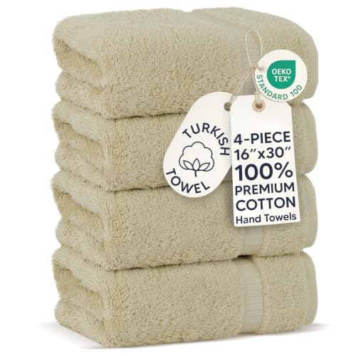 Chakir Turkish Linens 4 Piece Hand Towels, 100% Cotton Turkish Towels for Bathroom, Luxury Soft Absorbent Hand Towel Set, 16 x 30 Inches, Beige