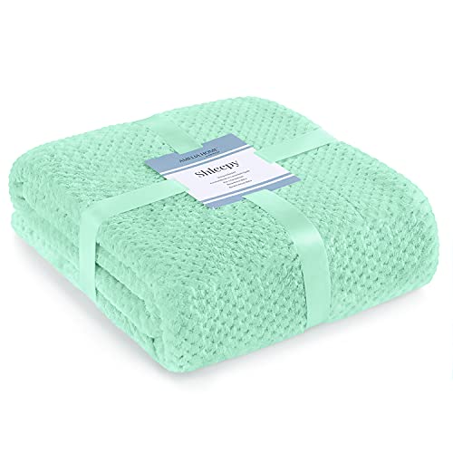 AmeliaHome Cuddly Blanket 130 x 180 cm Delicate Quilted Sherpa Lambskin Look Blanket Shleepy Peppermint