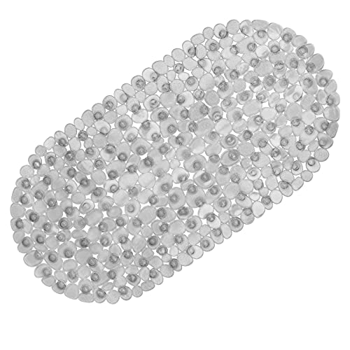 WELTRXE Pebbles Bathtub Mat Non Slip Oval Shower Mat with Suction Cups, Drain Holes, 27 x 14 Inch Plastic Bathroom Tub Mats Machine Washable, BPA, Latex Free Safety Mat for Bath Tub, Clear Gray