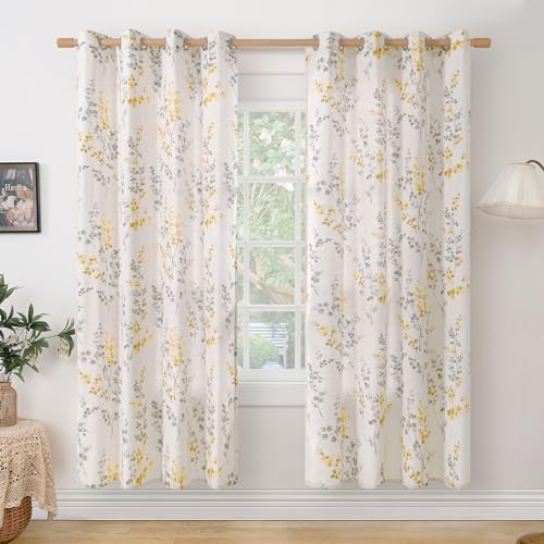 BGment Boho Linen Curtains for Bedroom 72 Inch Length 2 Panels Printed Leaf, Light Filtering Window Privacy Curtains for Living Room Farmhouse Rusitc Casual Patterns, Each 52 Inch Wide, Yellow