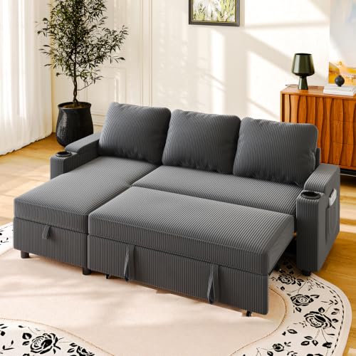 JUMMICO UMMICO 3-Seater L-Shaped Pull-Out Sofa Bed with Storage Chaise, Convertible Sectional Couch for Living Room and Bedroom, Grey