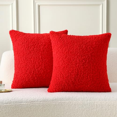 FUTEI Pack of 2 Faux Fur Teddy Boucle Pillow Covers 18x18 Inch, Red - Soft Fluffy Decorative Textured Neutral Pillow Covers, Machine Washable,Accent Solid Couch Pillows Sofa Bed Home Living Room