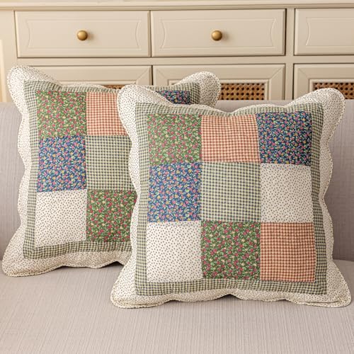 "vctops Set of 2 Quilted 100% Cotton Boho Throw Pillow Covers 18"" x 18"" Farmhouse Country Floral Patchwork Decorative Cushion Cover, Patchwork Flower M"