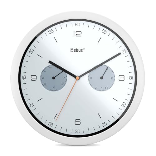 Mebus Quartz Wall Clock with Thermometer and Hygrometer/Plastic/Round/Model: 16101 / Colour: White/Diameter 26 cm