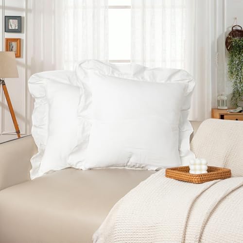 22x22 inch Scalloped Cotton Pillow Covers White, Farmhouse Ruffle Solid Pure Cotton Decor for Sofa Bed Couch, Set of 2, Covers ONLY