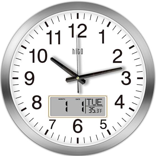 HITO Silent Wall Clock 35cm Battery Operated Temperature Date Large Wall Clock for Living Room Office Classroom Bedroom Decor