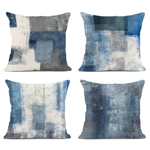 Emvency Set of 4 Throw Pillow Covers Blue and Grey White Art Artwork Contemporary Decorative Gray Cushion Sofa Bedroom Car Decor Pillow Cases Home Decorative Square 18x18 Inches Pillowcases