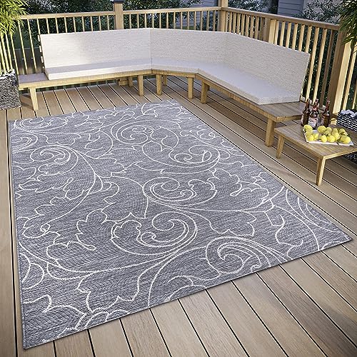 freundin Home Collection Palau Indoor & Outdoor Rug - Floral Flat Weave Leaf Pattern, Weatherproof & UV-Resistant Outdoor Rug for Living Room, Hallway, Balcony, Patio, Garden - Grey, 77 x 150 cm