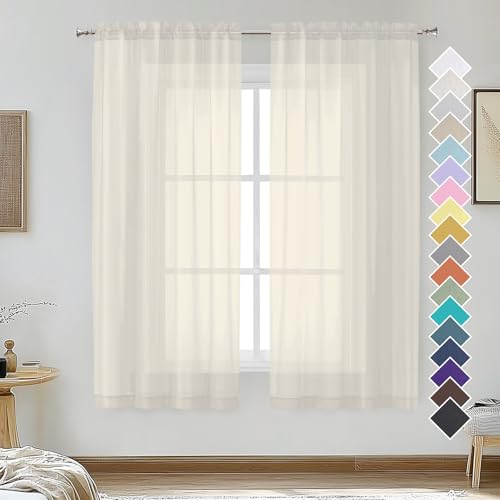 OVZME - Cream Sheer Curtains 54 Inches Long 2 Panels - Soft Light Filtering Sheer Window Panels for Living Room/Bedroom, Double Rod Pocket Top