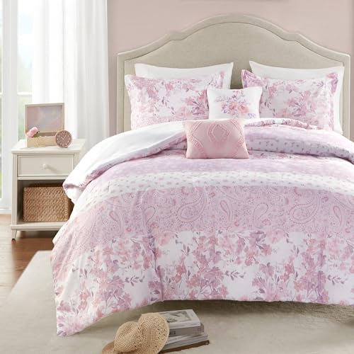 Intelligent Design Queen Comforter Set, Romantic Floral & Paisley, Solid Reverse, Microfiber Lightweight All Seasons Down Alternative Bedding, Sham & D??cor Pillows, Oliena, Full/Queen Pink 5 Piece