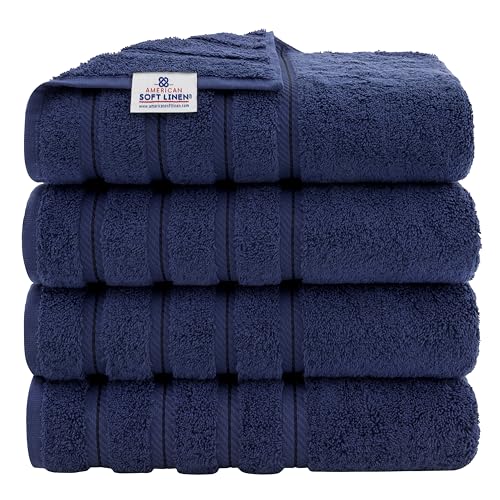 American Soft Linen Luxury 4 Piece Bath Towel Set, 100% Cotton Turkish Bath Towels for Bathroom, 27x54 in Extra Large Bathroom Shower Towels, Navy Blue Towels