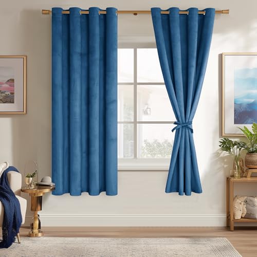 JIUZHEN Blue Velvet Curtains 72 inches Blackout Curtains for Living Room - Privacy Protect Room Darkening Grommet Thick Velvet Window Drapes for Bedroom, Set of 2 with Tiebacks, 52W x 72L