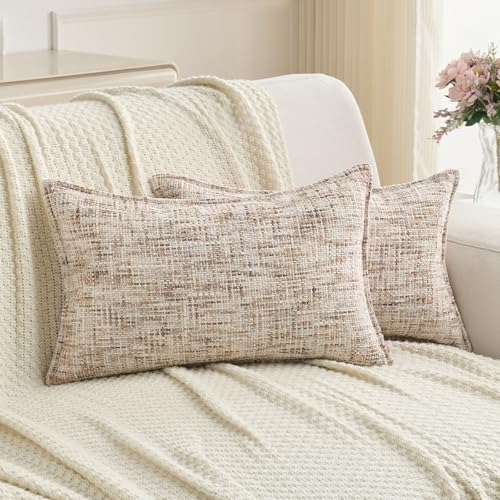 FUTEI Pack of 2 Tweed Chenille Throw Pillow Covers 12x20 Inch, Beige Brown - Premium Chenille Front/ Smooth Velvet Back,Hidden Zipper,Machine Washable,Pilling-Resistant,Colorfast, Insert Not Included.