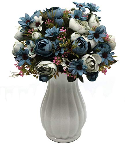 CATTREE Artificial Roses Flowers, Plastic Plants Silk Fake Rose Wedding Bridal Bouquet Party Indoor Outdoor DIY Home Garden Verandah Office Table Centerpieces Arrangements Decoration Blue 4Pcs