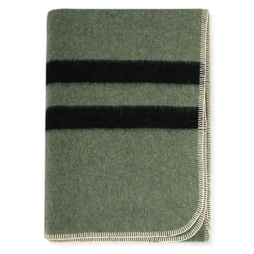 Thick Alpaca Wool Blanket Heavyweight for Camping Outdoors or Using Indoors - Soft Peruvian Alpaca Wool Blankets (Fern Green - Black Stripes, Queen)