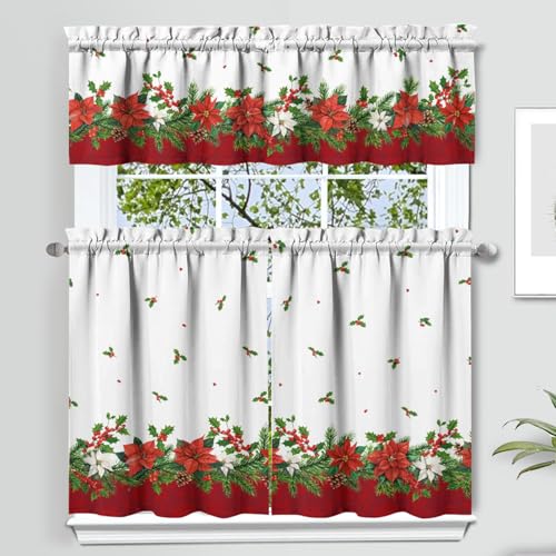 qwpmvhsak Christmas Kitchen Curtains and Valances Set of 3,Poinsettia Holly Christmas Decoration,Winter Xmas Curtains and Valances Short Curtain Set for Kitchen Bedroom Holiday Decor 36In