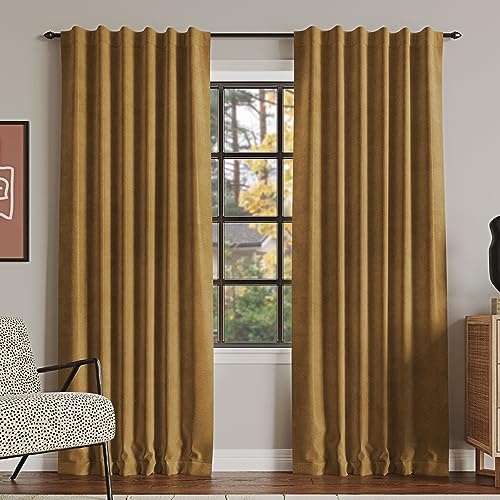 "Sun Zero Hampshire Velvet Noise Reducing Thermal Extreme Total Blackout Back Tab Curtain Panel, 50"" x 84"", Gold"