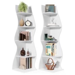 LITTLE TREE 70-Inch Corner Shelf, Seaweed Shaped Etagere Display Bookshelf, Freestanding 5-Tier Wall Shelves for Small Spaces, Living Room, Bedroom, White, 2 Pack