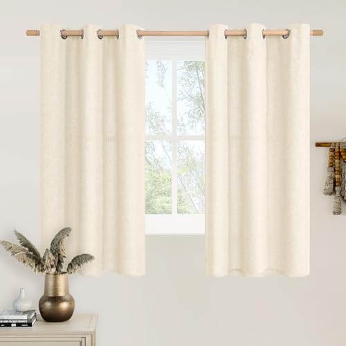LAMIT Light Beige Linen Textured Curtains for Bedroom, Grommet Light Filtering Thick Burlap Natural Curtains Noise Reducing Window Treatment Drapes for Nursery/Kitchen, Set of 2 Panels, W42 x L54