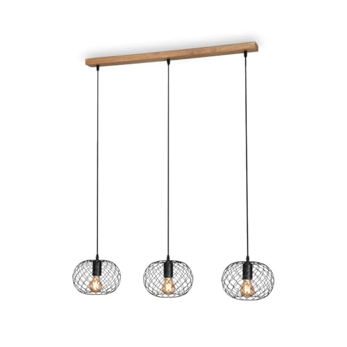 BRILONER - Vintage Pendant Light with 3x E27 socket, max 40W, Retro Pendant Light, Industrial Light Shade, Cage Lamp Shade, Ceiling Lights Living Room, Kitchen Lights Ceiling, 90x22x110 cm, Metal-Wood