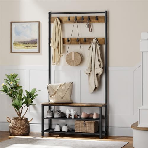 Yaheetech Coat Rack, Industrial Hall Tree Coat Stand with Shoe Bench, 3-in-1 Coat and Shoe Rack Storage for Hallway, Entryway, 33.5x85.5x184.5 cm, Rustic Brown