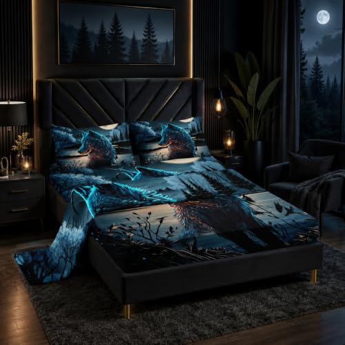 "Nttopship Moon Wolf 4 Pieces Bed Sheet Sets Queen Size Moon and Cartoon Wolves Bedding Sets with 16"" Deep Pockets Wild Animal Printed Bedroom Decor,Bedding Set 4 PCS(1 Fitted+1 Flat+2 Pillowcases)"