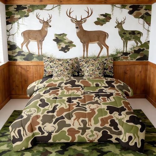 Camo Deer 7 Piece Bedding Set, Queen Size Deer Hunting Bed Set Includes Comforter, Sheet Set, Pillowcases & Pillow Covers Bedroom Decor Antlers Bed in a Bag, Breathable Women Men Western Farmhouse
