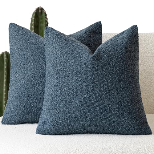 Foindtower Set of 2, Decorative Textured Boucle Throw Pillow Covers Accent Solid Pillow Cases Neutral Soft Cozy Couch Cushion Case for Chair Sofa Bedroom Living Room Home Decor 26 x 26 Inch Blue