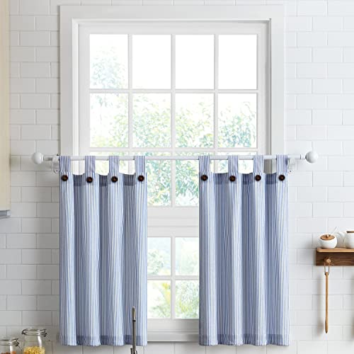 "July Joy Cotton Tier Curtains 36 Inches Long Country Kitchen Curtains Tab Top for Small Window Bathroom Farmhouse 27"" x 36"" x 2, Navy"