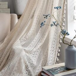 JOOJA 2 Panels Boho Curtains for Bedroom Windows Sheer Curtains Crochet Vintage Cotton Curtains Panels with Tassel for Bedroom (Crochet Beige, 59x96)