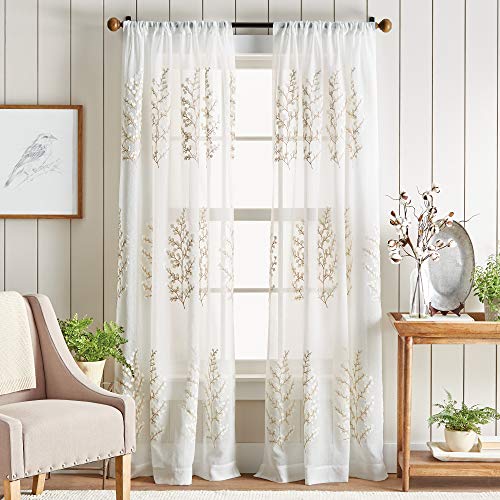 "Martha Stewart Georgia Embroidery Sheer Rod Pocket Window Curtain Panel Pair, 95"", Ivory"