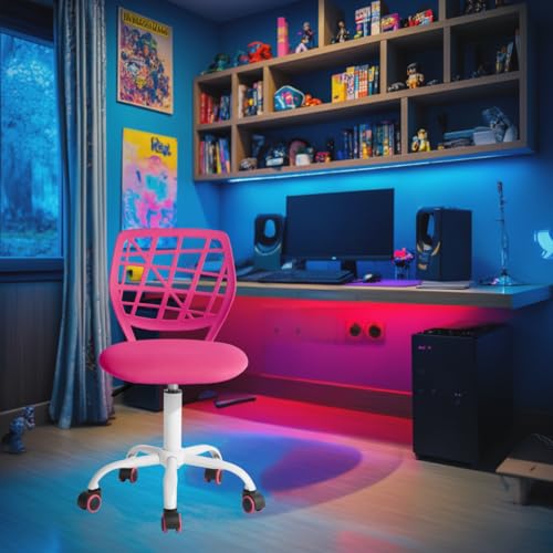 FurnitureR Compact Gaming Chair, Hollow PP Backrest, Adjustable Height, Ergonomic Swivel Sponge Seat, 5-Wheel Iron Base, for Teens & Kids Drawing, Gaming, Classroom, Deep Pink, 38.5 x 40 x 87 cm