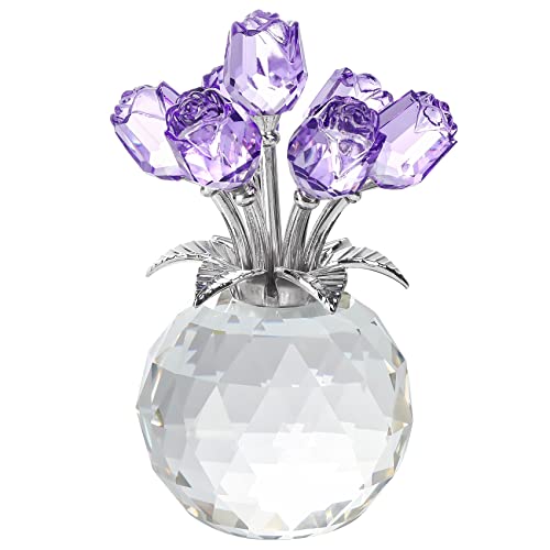 YWHL Handmade Crystal Purple Rose Flower Figurine with Round Vase, Rose Gifts for Girlfriend Wife Sister, Romantic Gifts for Mom on Anniversary Mother's Day Birthday, Wedding Home Decorations