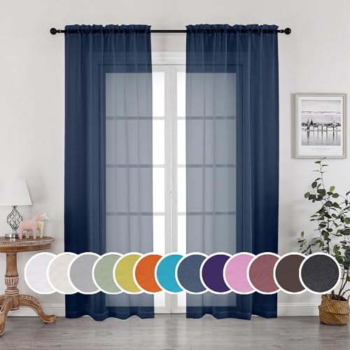 "OWENIE Navy Blue Sheer Curtains 90 Inches Long, Solid Light Filtering Sheer Curtains for Bedroom, Window Voile Sheer Curtain Panels/Drapes/Treatment for Living Room, 2Pcs, Each 42"" W x 90"" L Inch"