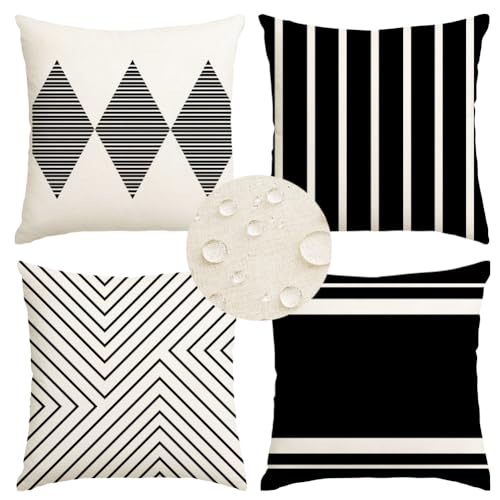 RABUSOFA Outdoor Pillow Covers Waterproof,20x20 inch Black and Beige Boho Cushion Case Set of 4 for Patio Furniture Sunbrella Couch(No Insert)
